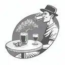 a very simple line illustration of a close up person drinking sangria in a park. drinking from a wine glass, in a circle tattoo design idea