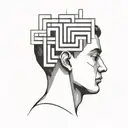 a human head laying back on a pillow with geometric shapes like a maze coming out of the top of his head tattoo design idea