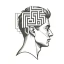 a human head laying back on a pillow with geometric shapes like a maze coming out of the top of his head tattoo design idea