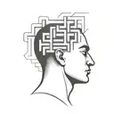 a human head laying back on a pillow with geometric shapes like a maze coming out of the top of his head tattoo design idea