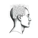 a human head laying back on a pillow with geometric shapes like a maze coming out of the top of his head tattoo design idea