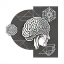 a brain inside a circular frame with geometric patterns shooting from it tattoo design idea