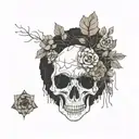 a head poking out of the soil of a muddy grave with soil on top of the head and flowers growing out of the top tattoo design idea