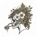 a head poking out of the soil of a muddy grave with soil on top of the head and flowers growing out of the top tattoo design idea