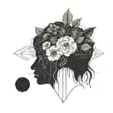 a head poking out of the soil of a muddy grave with soil on top of the head and flowers growing out of the top tattoo design idea