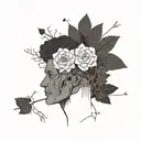 a head poking out of the soil of a muddy grave with soil on top of the head and flowers growing out of the top tattoo design idea