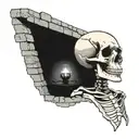 a skeleton hiding and stuck in a brick wall tattoo design idea