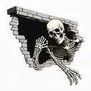 a skeleton hiding and stuck in a brick wall tattoo design idea