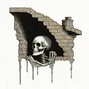 a skeleton hiding and stuck in a brick wall tattoo design idea