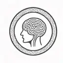 a brain inside a simple thick black line circular frame with geometric patterns shooting from it tattoo design idea