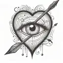 an eyeball with an arrow shooting through it encapsulated in a heart shape black and white tattoo design idea