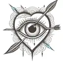 an eyeball with an arrow shooting through it encapsulated in a heart shape black and white tattoo design idea
