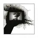 a nuclear explosion mushroom cloud destroying a city in a rectangular picture frame hanging on a wall tattoo design idea