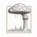 a nuclear explosion mushroom cloud destroying a city in a rectangular picture frame hanging on a wall tattoo design idea