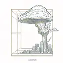 a nuclear explosion mushroom cloud destroying a city in a rectangular picture frame hanging on a wall tattoo design idea