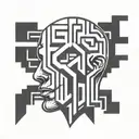 a human head with a view of the brain depicted as a maze, abstract tattoo design idea