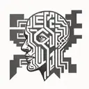 a human head with a view of the brain depicted as a maze, abstract tattoo design idea