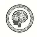 a brain inside a simple thick black line circular frame with geometric patterns shooting from it tattoo design idea