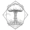 an abstract nuclear explosion mushroom cloud destroying a city in an abstract black line frame tattoo design idea