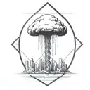 an abstract nuclear explosion mushroom cloud destroying a city in an abstract black line frame tattoo design idea