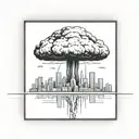 a nuclear explosion mushroom cloud destroying a city in a rectangular picture frame hanging on a wall tattoo design idea