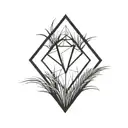 a diamond balancing on top of a single blade of grass. bold black lines in a rectangle black frame tattoo design idea