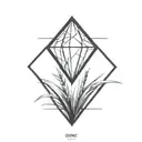 a diamond balancing on top of a single blade of grass. bold black lines in a rectangle black frame tattoo design idea