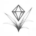 a diamond balancing on top of a single blade of grass using bold black lines in a bold black frame tattoo design idea