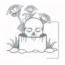 a head poking out of the soil of a muddy grave with soil on top of the head and flowers growing out of the top tattoo design idea