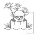 a head poking out of the soil of a muddy grave with soil on top of the head and flowers growing out of the top tattoo design idea