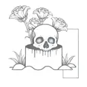 a head poking out of the soil of a muddy grave with soil on top of the head and flowers growing out of the top tattoo design idea