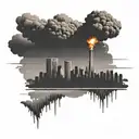 a nuclear explosion mushroom cloud destroying a city in a rectangular picture frame hanging on a wall tattoo design idea