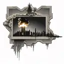 a nuclear explosion mushroom cloud destroying a city in a rectangular picture frame hanging on a wall tattoo design idea