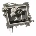 a nuclear explosion mushroom cloud destroying a city in a rectangular picture frame hanging on a wall tattoo design idea