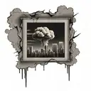 a nuclear explosion mushroom cloud destroying a city in a rectangular picture frame hanging on a wall tattoo design idea