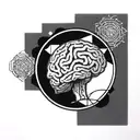 a brain inside a circular frame with geometric patterns shooting from it tattoo design idea