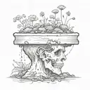 a head poking out of the soil of a muddy grave with soil on top of the head and flowers growing out of the top tattoo design idea