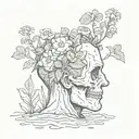 a head poking out of the soil of a muddy grave with soil on top of the head and flowers growing out of the top tattoo design idea