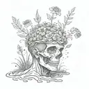 a head poking out of the soil of a muddy grave with soil on top of the head and flowers growing out of the top tattoo design idea