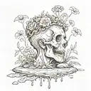 a head poking out of the soil of a muddy grave with soil on top of the head and flowers growing out of the top tattoo design idea