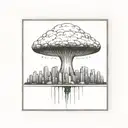 a nuclear explosion mushroom cloud destroying a city in a rectangular picture frame hanging on a wall tattoo design idea