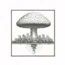 a nuclear explosion mushroom cloud destroying a city in a rectangular picture frame hanging on a wall tattoo design idea