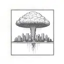 a nuclear explosion mushroom cloud destroying a city in a rectangular picture frame hanging on a wall tattoo design idea