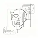 a human head laying back on a pillow with geometric shapes like a maze coming out of the top of his head tattoo design idea