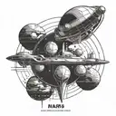 minimalist abstract retro futurism black and white tattoo design of a poster advertising a vacation to mars tattoo design idea