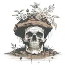 a head poking out of the soil of a muddy grave with soil on top of the head and flowers growing out of the top tattoo design idea