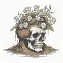 a head poking out of the soil of a muddy grave with soil on top of the head and flowers growing out of the top tattoo design idea