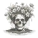 a head poking out of the soil of a muddy grave with soil on top of the head and flowers growing out of the top tattoo design idea