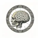 a brain inside a circular frame with geometric patterns shooting from it tattoo design idea