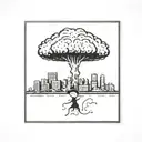 a nuclear explosion mushroom cloud destroying a city in a rectangular picture frame hanging on a wall tattoo design idea